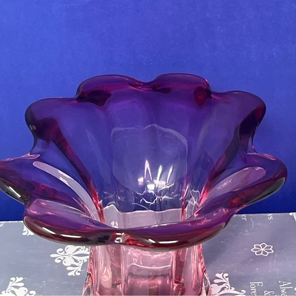 MCM Purple Glass Scalloped edge Bowl Vase